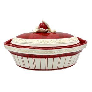 FITZ and FLOYD Town & Country Covered Vegetable Dish Casserole Red White Plaid